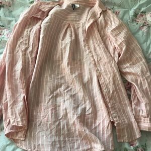 pink and white striped button up shirt